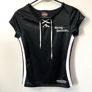 Vintage Harley Davidson Black White Trim Embroidered Cap Sleeve Top Shirt Size S